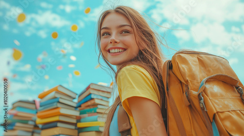 Beautiful female student in university library between books
