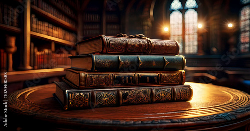 Extreme close-up of a stack of old leather books on a small round wooden table in an ancient dark library. Concept of knowledge, literature or reading. Generative Ai.