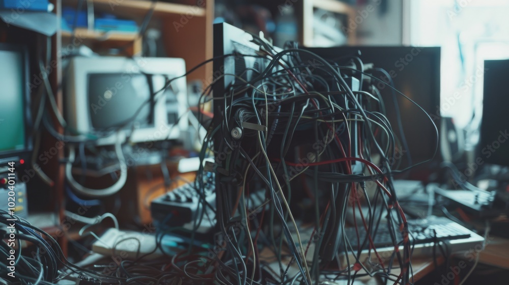 Fototapeta premium An overwhelming array of tangled wires and monitors, reflecting the complexity and chaos of digital life.