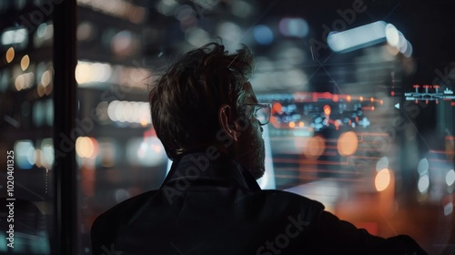 A man gazes thoughtfully out a window, city lights twinkling in the night surround him, casting a contemplative silhouette.