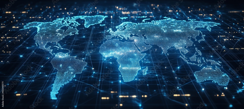 Global Network Connections Abstract World Map with Lines, Dots, and Triangles on Blue Background Global Network Connections Abstract World Map with Lines, Dots, and Triangles on Blue Background