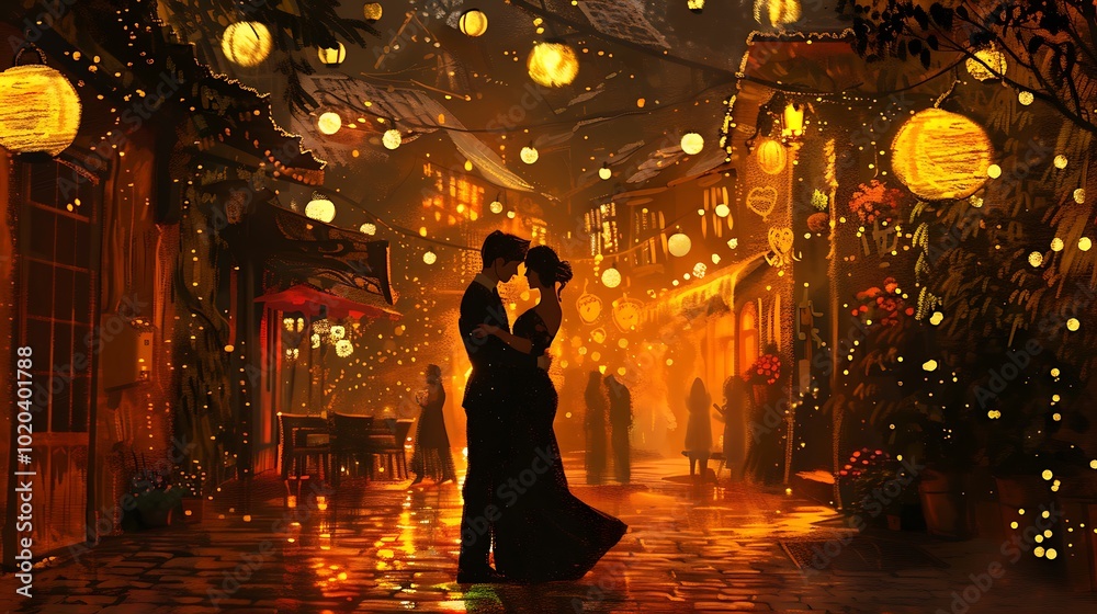 An intimate hand-drawn moment of a couple sharing a quiet dance in the evening glow, with warm tones and soft brushstrokes giving the scene a romantic, whimsical feel. 8k UHD, suitable for high-qualit An intimate hand-drawn moment of a couple sharing a quiet dance in the evening glow, with warm tones and soft brushstrokes giving the scene a romantic, whimsical feel. 8k UHD, suitable for high-qualit