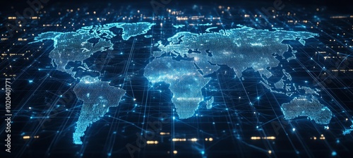 Global Network Connections Abstract World Map with Lines, Dots, and Triangles on Blue Background