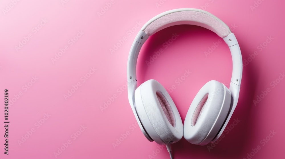 Sleek white headphones framed against a pink backdrop exude modern elegance, suggesting themes of music, style, and simplicity. Sleek white headphones framed against a pink backdrop exude modern elegance, suggesting themes of music, style, and simplicity.
