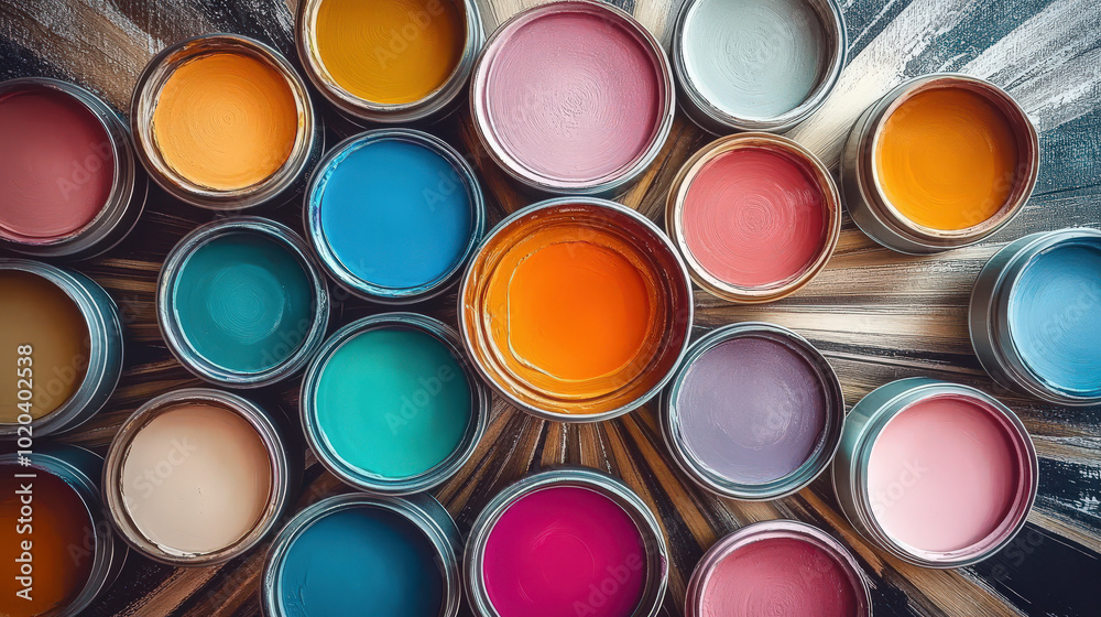 Colorful paint cans arranged to resemble a flower design Colorful paint cans arranged to resemble a flower design