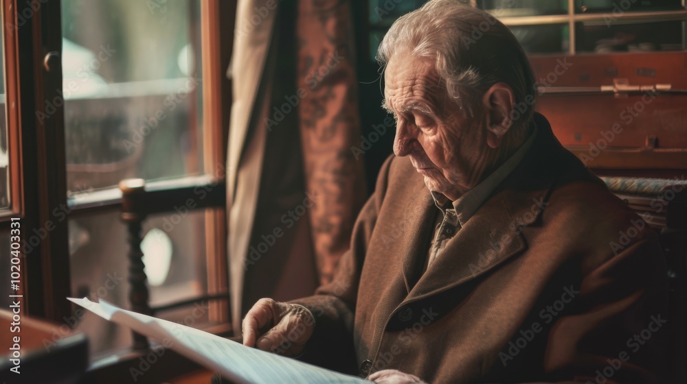 An elderly man in a cozy, dimly lit study reads intently beside a window, exuding an atmosphere of nostalgia, wisdom, and peaceful solitude.