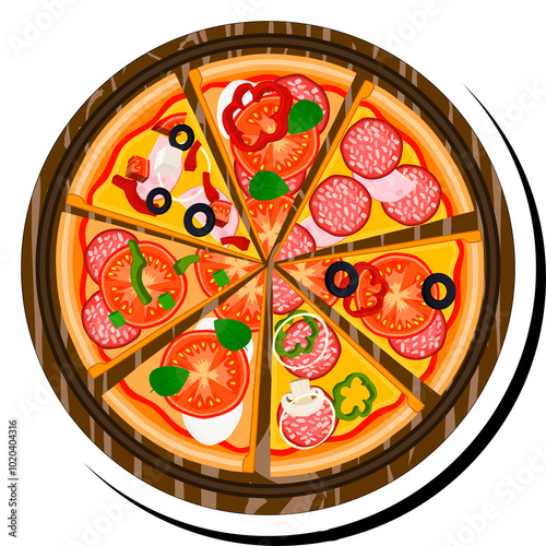 Illustration on theme big hot tasty pizza to pizzeria menu