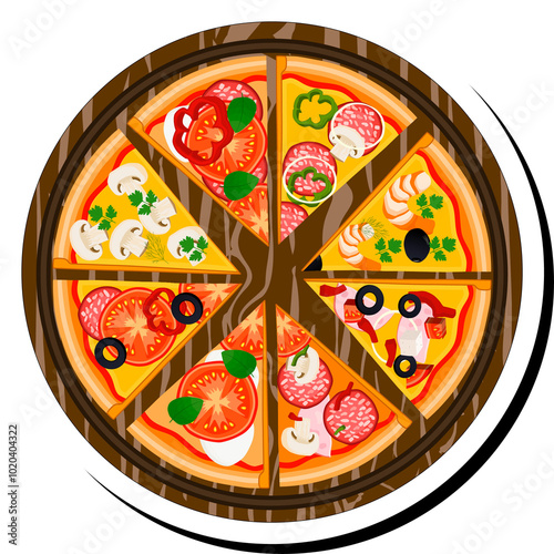 Illustration on theme big hot tasty pizza to pizzeria menu