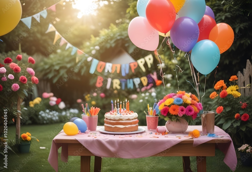 A colorful birthday celebration in a garden setting, with a birthday cake on a table surrounded by balloons in various colors, flowers, and a festive atmosphere A colorful birthday celebration in a garden setting, with a birthday cake on a table surrounded by balloons in various colors, flowers, and a festive atmosphere