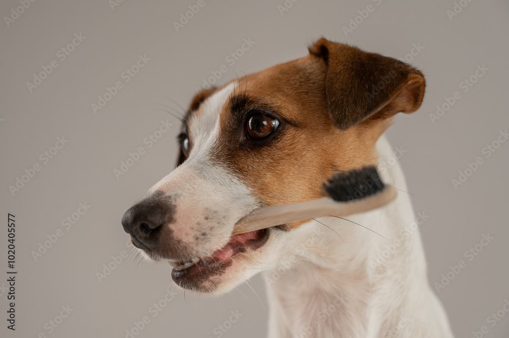 Jack Russell Terrier dog holds a toothbrush in his teeth. 