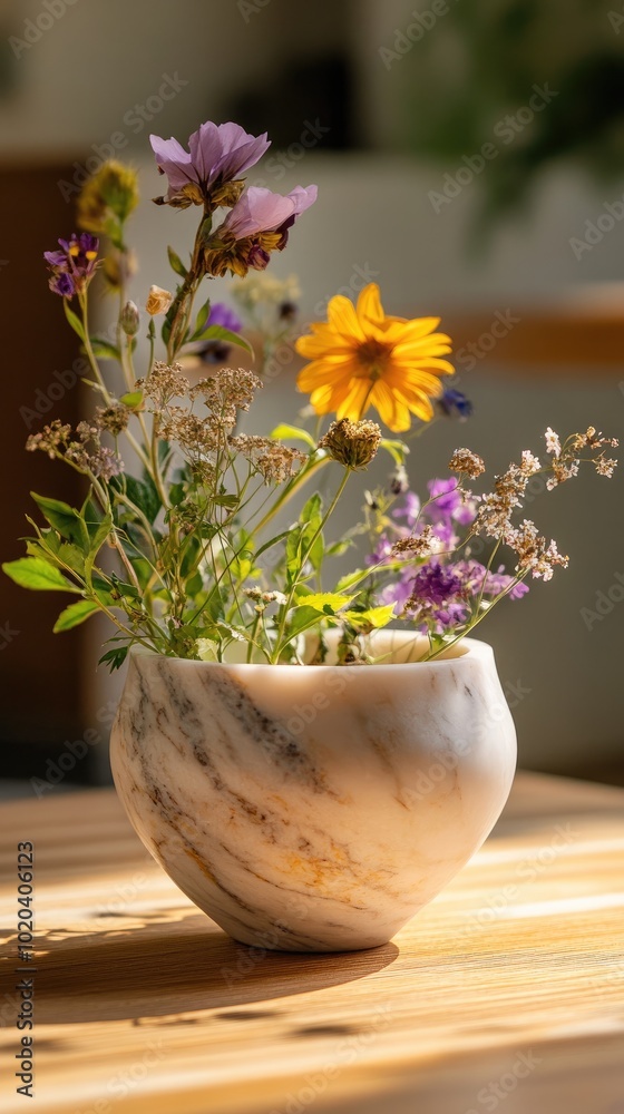 Home Use of Flowers with Marble Mortar Bowl on Wooden Table, Colorful Wildflowers and Green Leaves in the Background Home Use of Flowers with Marble Mortar Bowl on Wooden Table, Colorful Wildflowers and Green Leaves in the Background