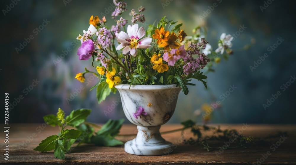 Home Use of Flowers with Marble Mortar Bowl on Wooden Table, Colorful Wildflowers and Green Leaves in the Background Home Use of Flowers with Marble Mortar Bowl on Wooden Table, Colorful Wildflowers and Green Leaves in the Background
