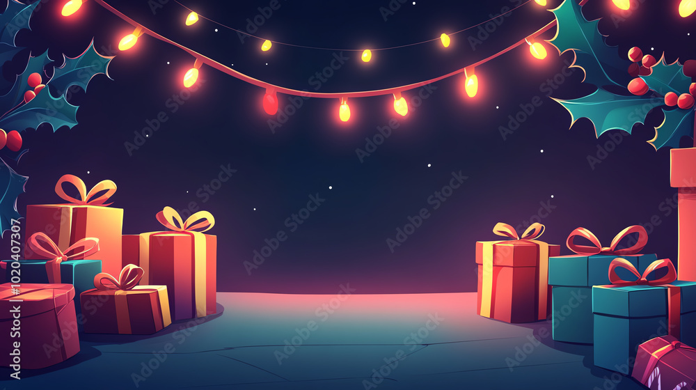 Festive scene with colorful gifts and twinkling lights, perfect for holiday celebrations and seasonal decorations. Festive scene with colorful gifts and twinkling lights, perfect for holiday celebrations and seasonal decorations.