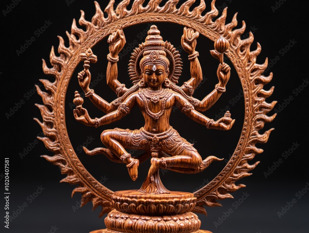 A hand-carved wooden depiction of Lord Shiva as Nataraja, performing the cosmic dance, with detailed flames and a dynamic pose, carved from dark sandalwood, representing creation and destruction A hand-carved wooden depiction of Lord Shiva as Nataraja, performing the cosmic dance, with detailed flames and a dynamic pose, carved from dark sandalwood, representing creation and destruction