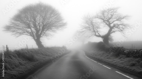 Foggy Country Road with Silhouetted Trees