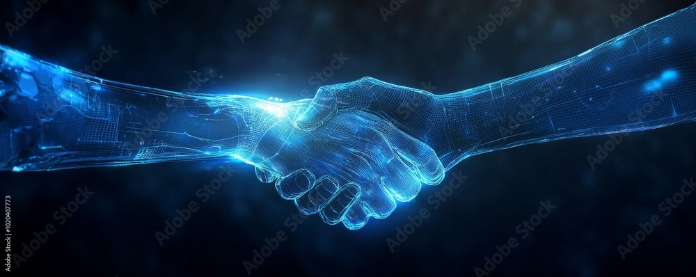 A digital handshake symbolizes collaboration, connection, and innovation in technology and artificial intelligence. A digital handshake symbolizes collaboration, connection, and innovation in technology and artificial intelligence.