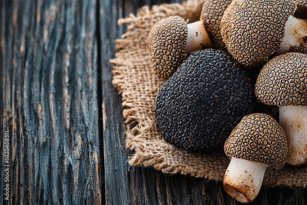 Fresh black truffles and mushrooms on burlap, rustic wooden background.