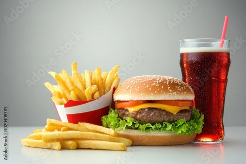 A fast food combo meal featuring a burger, fries, and soda with a large blank area on the packaging, making it perfect for fast food menu designs, app ads, or combo meal promotions.