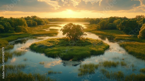 this A tranquil wetland with a network of channels and lush vegetation along the banks