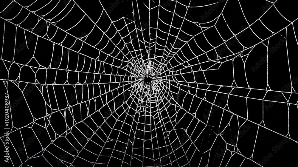 Fototapeta premium Intricate Spider Web Glistening with Dew Drops, Capturing the Beauty of Nature’s Artistry, Perfect for Themes of Spooky Season or Natural Wonder