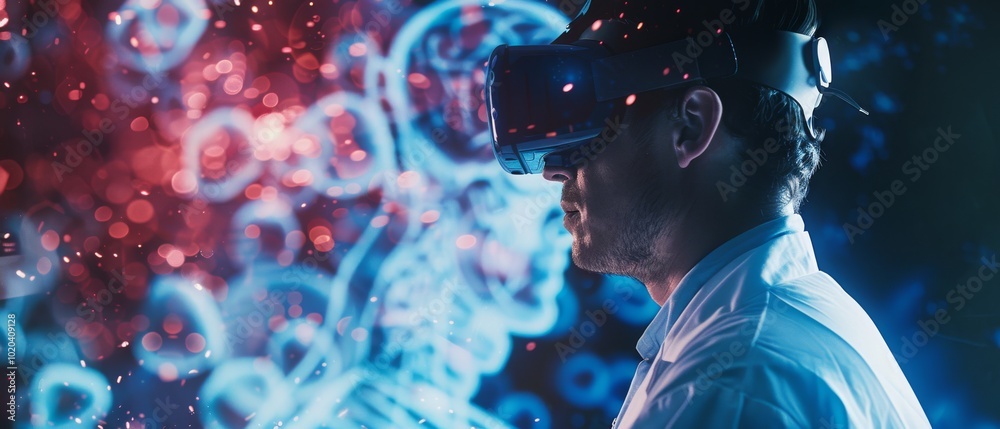 A man in a headset explores a vibrant virtual world. The glowing red and blue background creates a futuristic atmosphere. A man in a headset explores a vibrant virtual world. The glowing red and blue background creates a futuristic atmosphere.