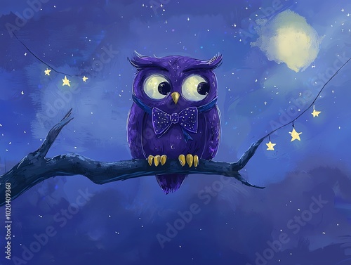 Whimsical owl perched on a branch, wearing a starry night-themed coquette bow