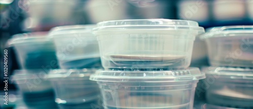 Transparent plastic containers stacked in neat rows, evoking a sense of cleanliness and efficiency in a storage or retail environment.