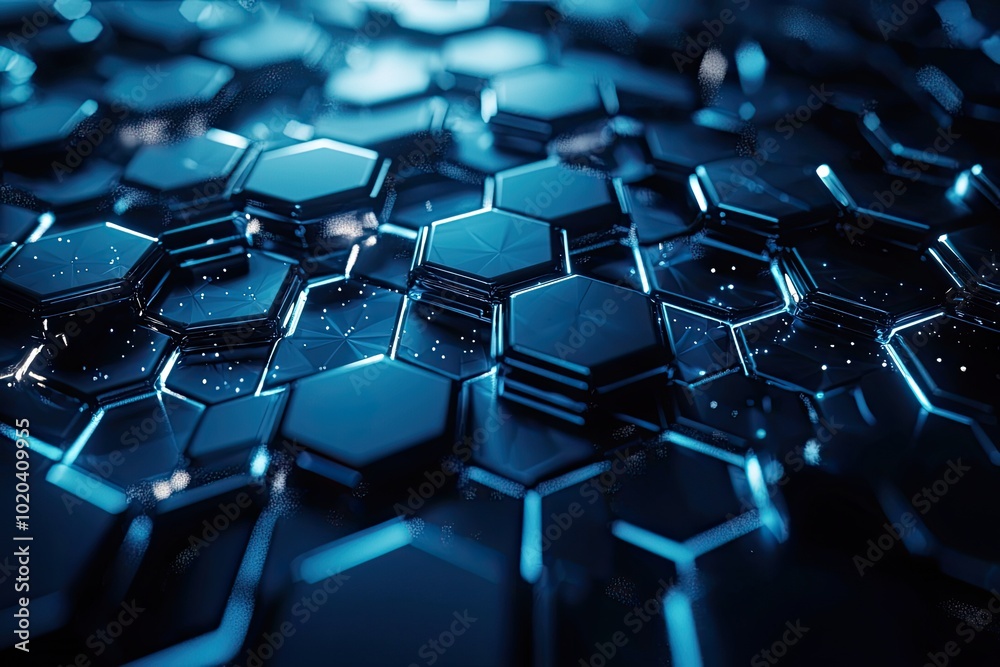 Obraz premium Abstract close-up of blue hexagonal shapes with metallic texture, creating a futuristic and high-tech pattern in dim lighting