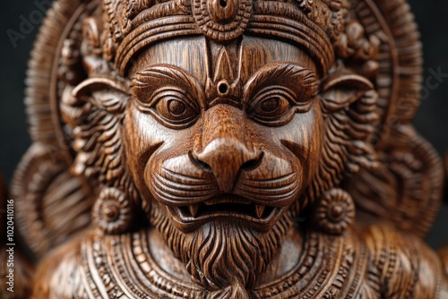 Wallpaper Mural A detailed hand-carved wooden statue of Lord Vishnu avatar Narasimha, with sharp detailing on his lion-like face and muscular body, crafted from polished rosewood Torontodigital.ca