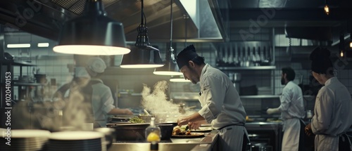 Chefs work meticulously in a bustling, warmly lit kitchen, steam rising as they prepare gourmet dishes with focus and precision for an awaiting feast.