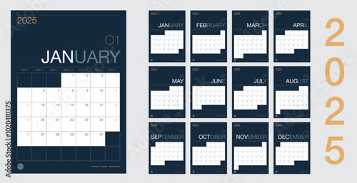vector Calendar 2025 new year planner set 12 month in clean minimal table simple design style and navy blue color,vertical holiday event template calender,Week Starts Sunday