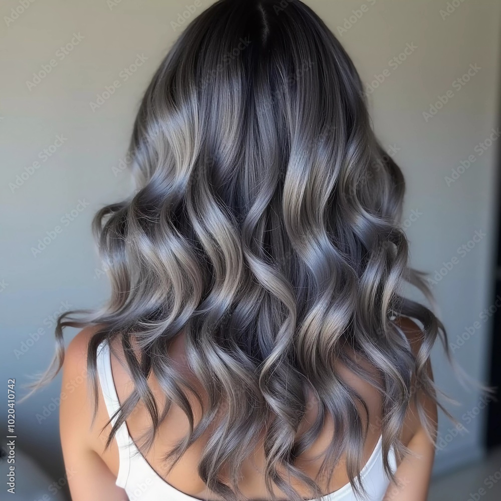 Fototapeta premium A close-up view showcases beautiful shiny gray ash curls that exhibit a stunning texture and vibrant luster, accentuated by soft lighting. The intricate curls frame the head beautifully. Generative AI