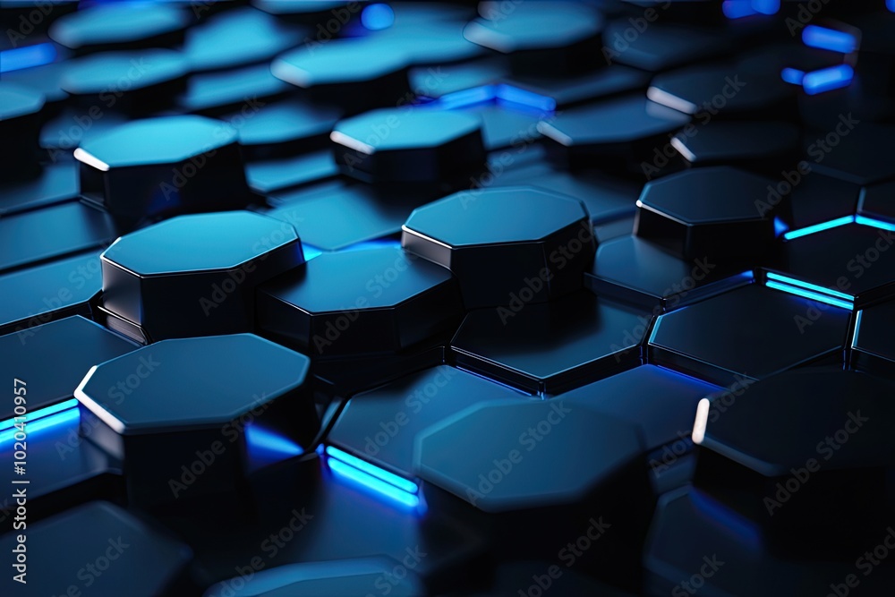 Abstract close-up of blue hexagonal shapes with metallic texture, creating a futuristic and high-tech pattern in dim lighting Abstract close-up of blue hexagonal shapes with metallic texture, creating a futuristic and high-tech pattern in dim lighting