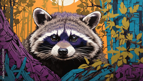 A raccoon is looking out from behind colorful trees and branches.