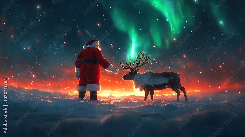 A realistic Santa Claus standing in the snow, gently petting his reindeer under the vibrant Northern Lights, soft snowflakes falling around them, creating a serene winter atmosphere, A realistic Santa Claus standing in the snow, gently petting his reindeer under the vibrant Northern Lights, soft snowflakes falling around them, creating a serene winter atmosphere,