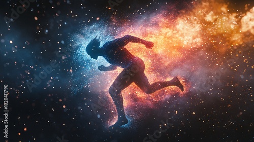 A dynamic silhouette of a runner bursting through a cosmic backdrop, embodying energy and motion amid vibrant colors.