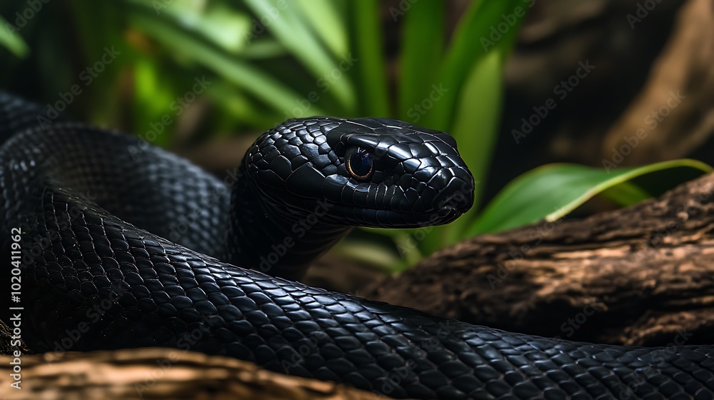 Fototapeta premium A close-up of a black snake resting among foliage and wooden elements.
