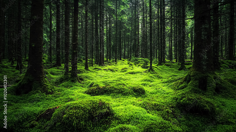 Obraz premium Beautiful and peaceful forest with green moss covering the forest floor.