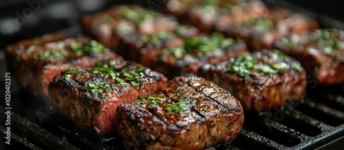 Close-up of grilled steaks with herbs on a grill. photo