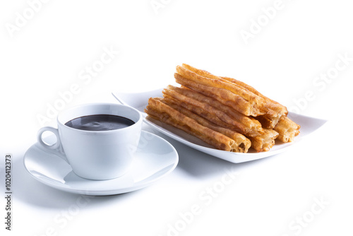 Hot chocolate with churros isolated on white background