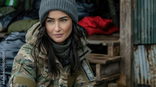 A soldier in camouflage gear sits thoughtfully in a military base surrounded by equipment at dusk