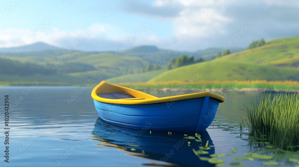 Obraz premium a blue and yellow boat on a lake with green hills in the background, cute, charming, charming, simple minimalism, bright color palette, bright colors, blue sky, matte finish, matte textures, minimalis