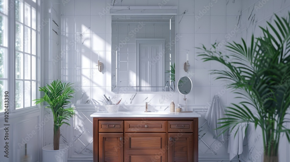 Fototapeta premium A bathroom featuring a sink, a mirror, and a window for natural light