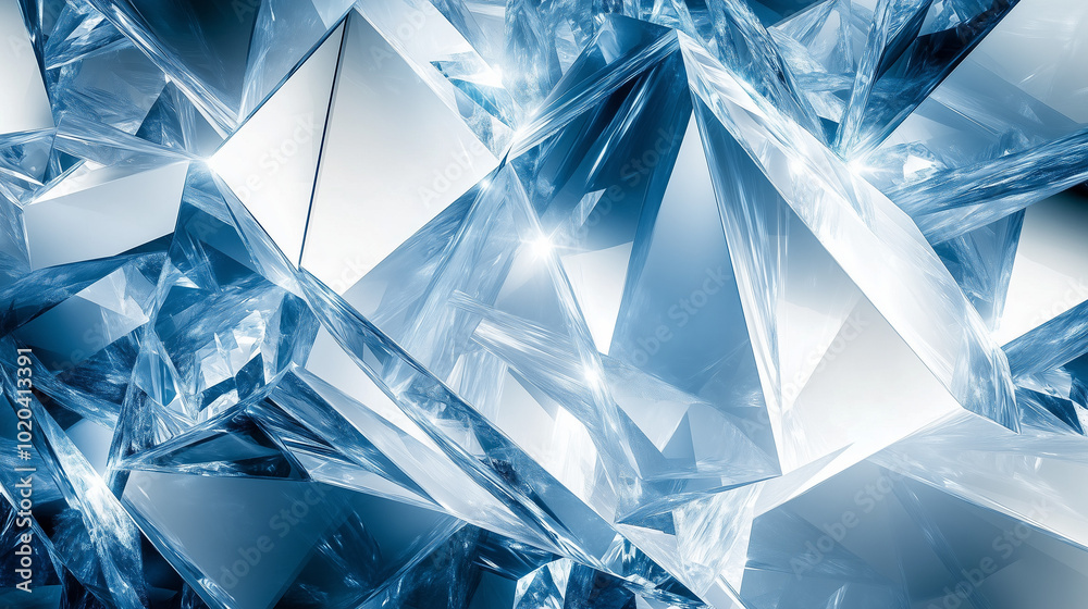 Abstract Blue and Clear Crystal Structures Reflecting Light Geometric Shards