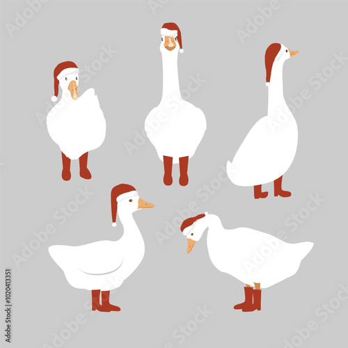 Cute cartoon goose set dressed in Santa Claus hat and red boots. Merry Christmas characters collection. Vector isolated illustration.