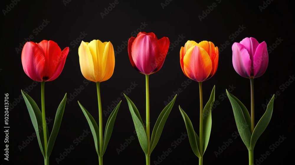 Colorful Tulips Isolated on Black Background Colorful Tulips Isolated on Black Background