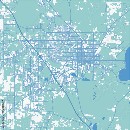 Map of Gainesville in Florida in a professional blue style. Contains layered vector with roads water, parks, etc.