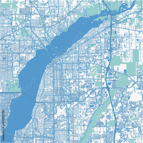 Map of Fort Myers in Florida in a professional blue style. Contains layered vector with roads water, parks, etc.