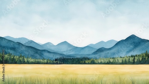Watercolor landscape featuring rolling mountains and a golden meadow under a soft, cloudy sky, evoking peace and tranquility.