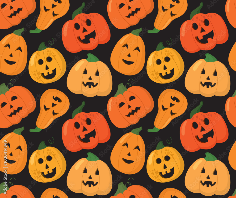 Seamless pattern of fun halloween pumpkins with carved faces. Colorful background Seamless pattern of fun halloween pumpkins with carved faces. Colorful background